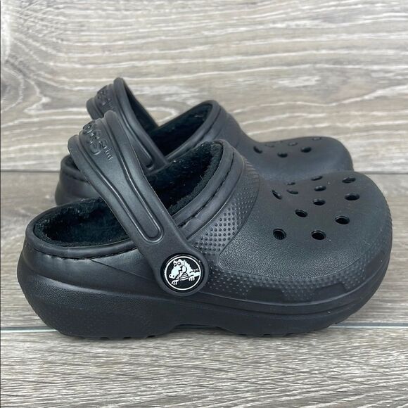 Crocs Classic Dual Comfort Black Rubber Fleece Lined Toddler Sz 7 Slip On Clogs - Picture 1 of 10